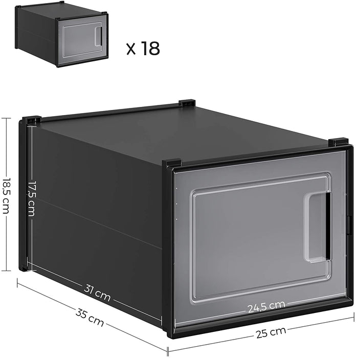 Nancy's Havilah Schoenendozen - Opbergdozen - Set Van 18 - Kunststof - Opvouwbaar - Stapelbaar - Zwart - Transparant - 35 x 25 x 18,5 cm