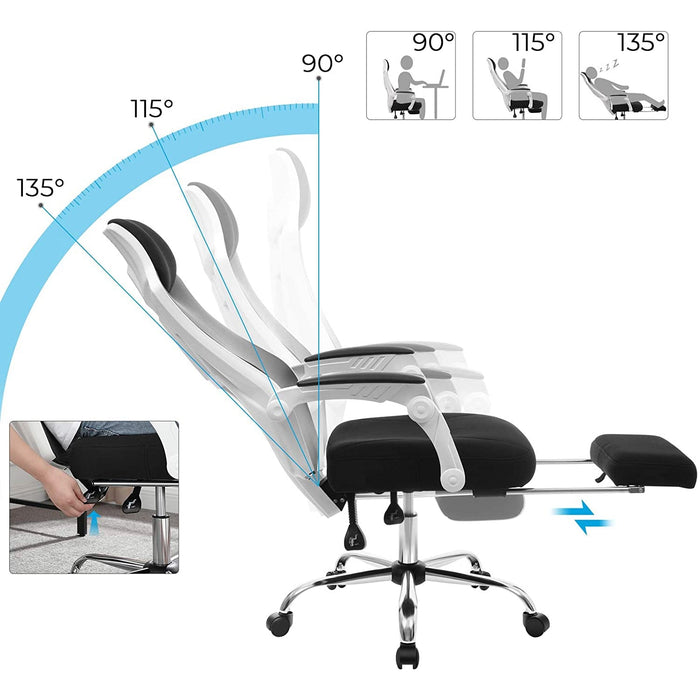 Nancy's Fairland Bureaustoel - Kantoorstoel - Netbespanning - Ergonomisch - Hoofdsteun - Voetensteun - Kantelbaar - Wit - Zwart - 65 x 70 x (117-125) cm