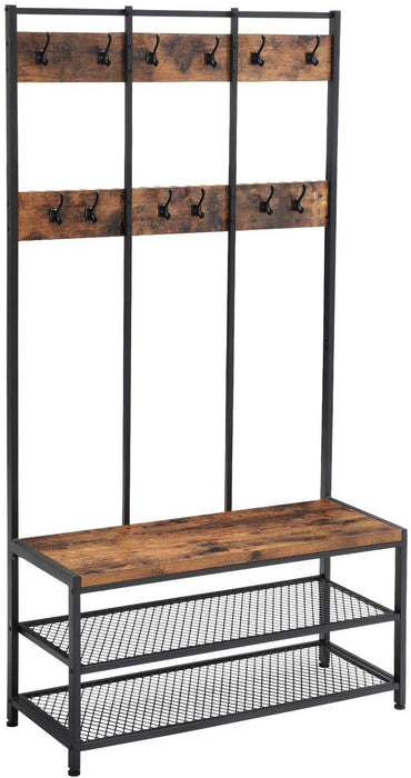 Nancy's Greenfield Kapstok - Garderoberek - 12 Haken - Schoenenrek - Bewerkt Hout - Metaal - Industrieel - Bruin - Zwart - 100 x 40 x 184 cm