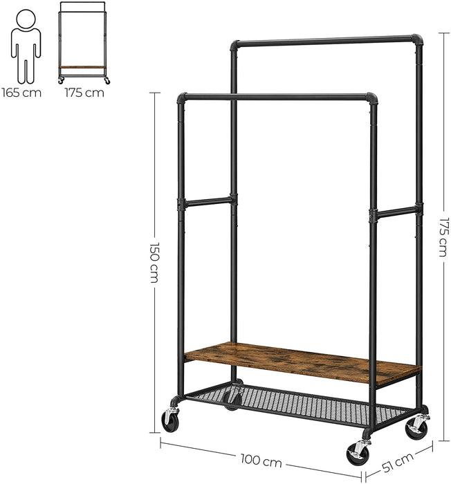 Nancy's Celebrite Kledingrek - 2 Stangen - Kapstok - Industrieel - Wieltjes - Bruin - Zwart - Bewerkt Hout - Metaal - 100 x 51 x 150/175 cm