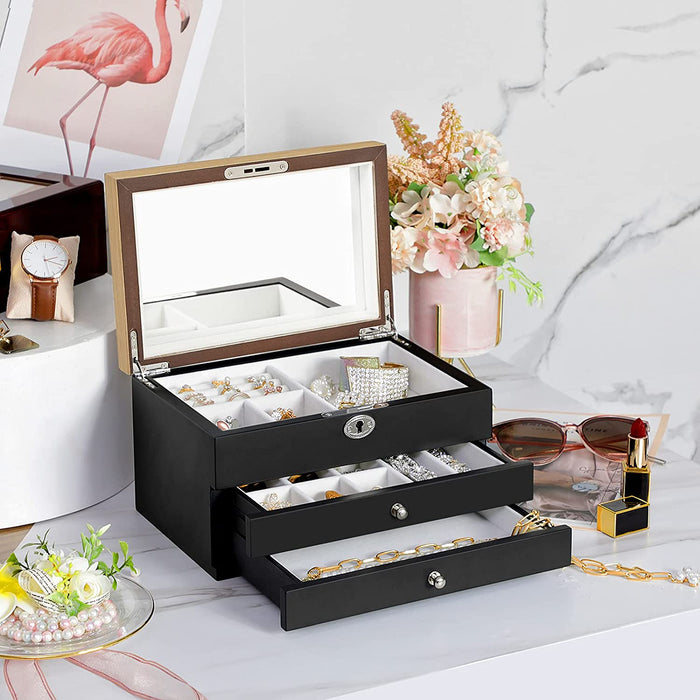 Nancy's Butler Sieradendoos - Sieraden Organizer - Juwelenopslag - Lades - Slot - Zwart - Bruin - 24,5 x 17 x 14,5 cm