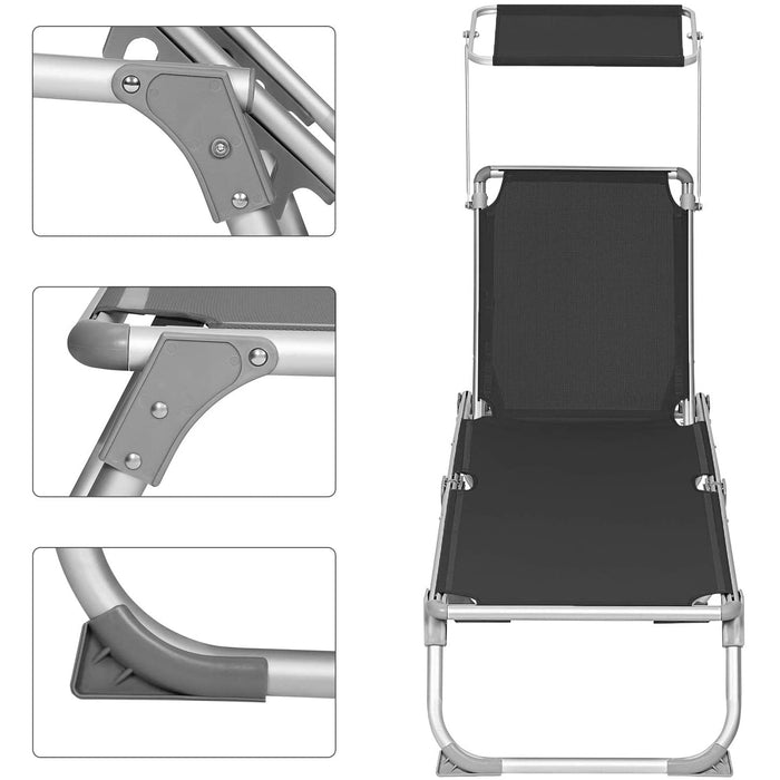 Nancy's Columbine Ligstoel - Tuinligstoel - Loungestoel - Zonnedak - Zonwering - Verstelbare Rugleuning - Opvouwbaar - Zwart - Zilver - 55 x 193 x 31 cm