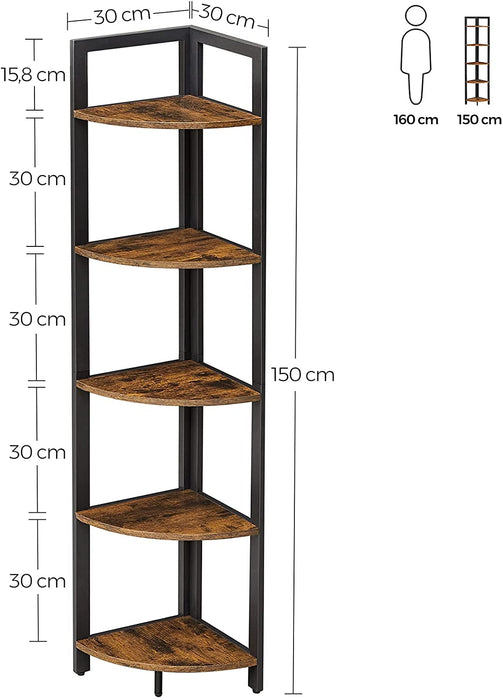 Nancy's Charette Hoekkast - Boekenkast - Stellingkast - Metaal - Bewerkt Hout - Bruin - Zwart - 30 x 30 x 150 cm