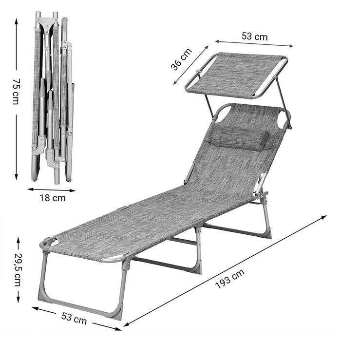 Nancy's Brutus Ligstoel - Hoofdsteun - Zonnedak - Zonwering - Rugleuning Verstelbaar - Inklapbaar - Grijs - Aluminium - 55 x 193 x 31 cm