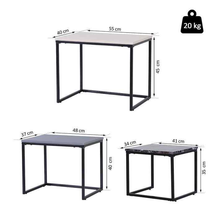 Medina Rochester Salontafels - Set Van 3 - Bijzettafels - Wit - Grijs - Zwart - Marmer - MDF - Metaal