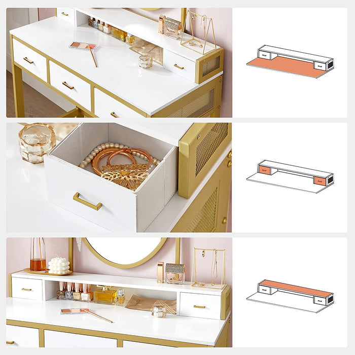 Nancy's Calgary Kaptafel - Make-Up Tafel - Krukje - Cosmeticatafel - Spiegel - Lades - Open Vak - Wit-Goud - 90 x 40 x 148,4 cm