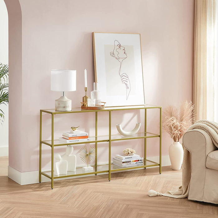 Nancy's Granada Consoletafel - Sidetable - 3 Niveaus - Gehard Glas - Metaal - Goud - 130 x 30 x 73.3 cm