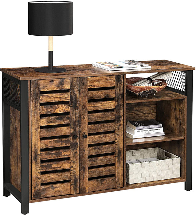 Nancy's Chaswood Dressoir - Sideboard - 2 Deuren - Open Vakken - Opbergruimte - Bewerkt Hout - Metaal - Bruin - Zwart - 110 x 33 x 75 cm