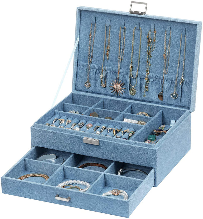 Nancy's Dack Sieradenopslag - Juwelendoos - Sieraden Organizer - 2 Niveaus - 1 Lade - Open Vakken - Blauw - Fluweel - 27 x 18,5 x 10,5 cm