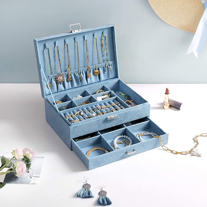 Nancy's Dack Sieradenopslag - Juwelendoos - Sieraden Organizer - 2 Niveaus - 1 Lade - Open Vakken - Blauw - Fluweel - 27 x 18,5 x 10,5 cm