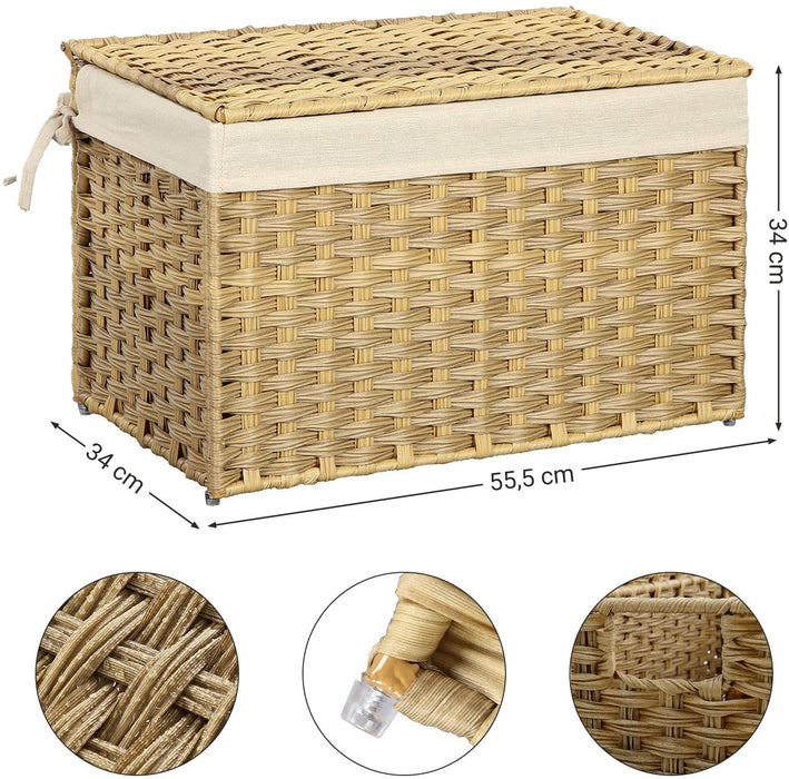 Nancy's Cardston Opbergmand - Opbergdoos - Polyrattan - 65 L - Deksel - Handgrepen - Katoenen Zak - Geweven - Natuurlijk - 55,5 x 34 x 34 cm