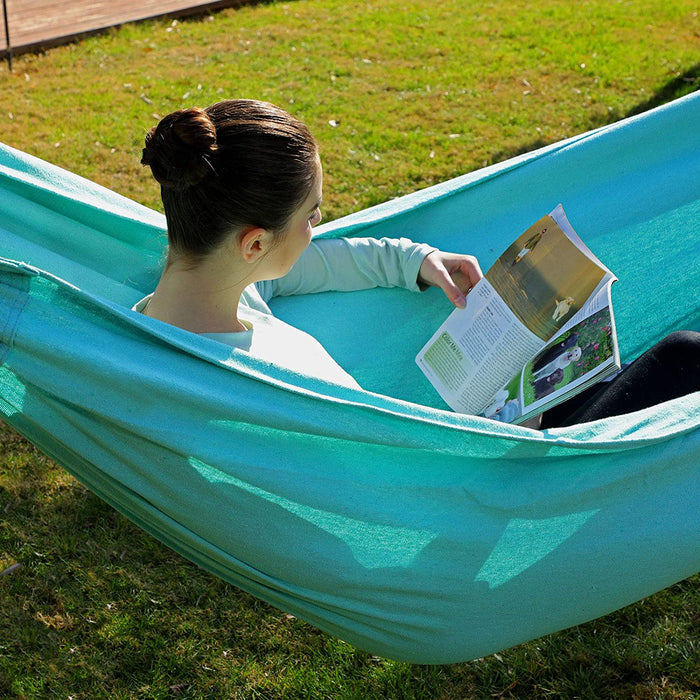 Nancy's Fort Rock Hangmat - 2 Personen - Outdoor - Transporttas - Bevestigingsriemen - Karabijnhaak - Lichtblauw - Katoen - Polyester - Turquoise - 210 x 150 cm