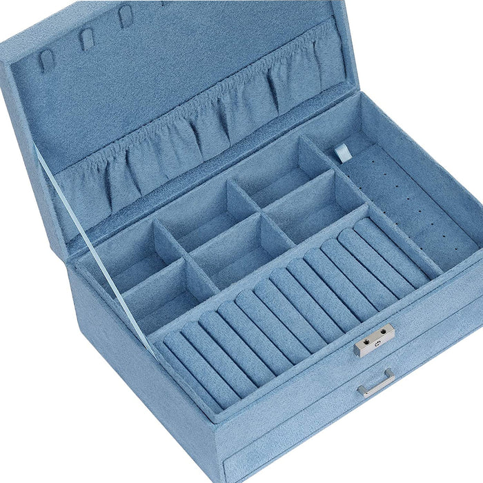 Nancy's Dack Sieradenopslag - Juwelendoos - Sieraden Organizer - 2 Niveaus - 1 Lade - Open Vakken - Blauw - Fluweel - 27 x 18,5 x 10,5 cm