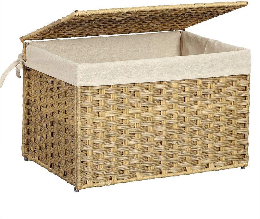 Nancy's Cardston Opbergmand - Opbergdoos - Polyrattan - 65 L - Deksel - Handgrepen - Katoenen Zak - Geweven - Natuurlijk - 55,5 x 34 x 34 cm