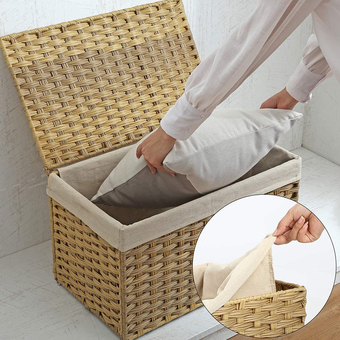 Nancy's Cardston Opbergmand - Opbergdoos - Polyrattan - 65 L - Deksel - Handgrepen - Katoenen Zak - Geweven - Natuurlijk - 55,5 x 34 x 34 cm