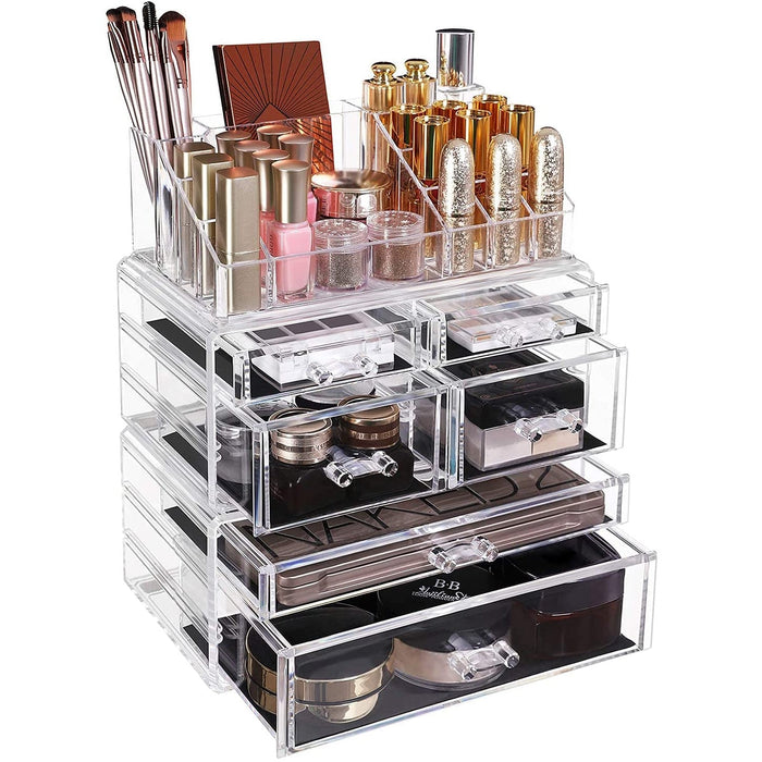 Nancy's Bushy Lake Make-Up Opslag - Cosmetica Organizer - Make-Up Doos - Acryl - 2 Delen - 6 Lades - Transparant/Wit - 24 x 30 x 13,5 cm