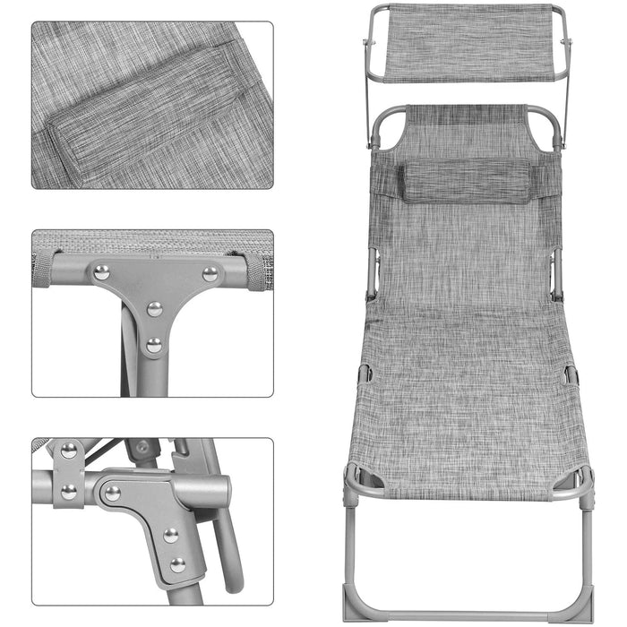 Nancy's Brutus Ligstoel - Hoofdsteun - Zonnedak - Zonwering - Rugleuning Verstelbaar - Inklapbaar - Grijs - Aluminium - 55 x 193 x 31 cm