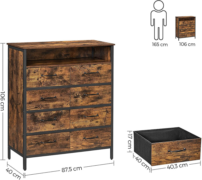 Nancy's Goldfield Ladekast - Dressoir - Sideboard - 8 Lades - Industrieel - MDF - Metaal - Bruin - Zwart - 87,5 x 40 x 106 cm