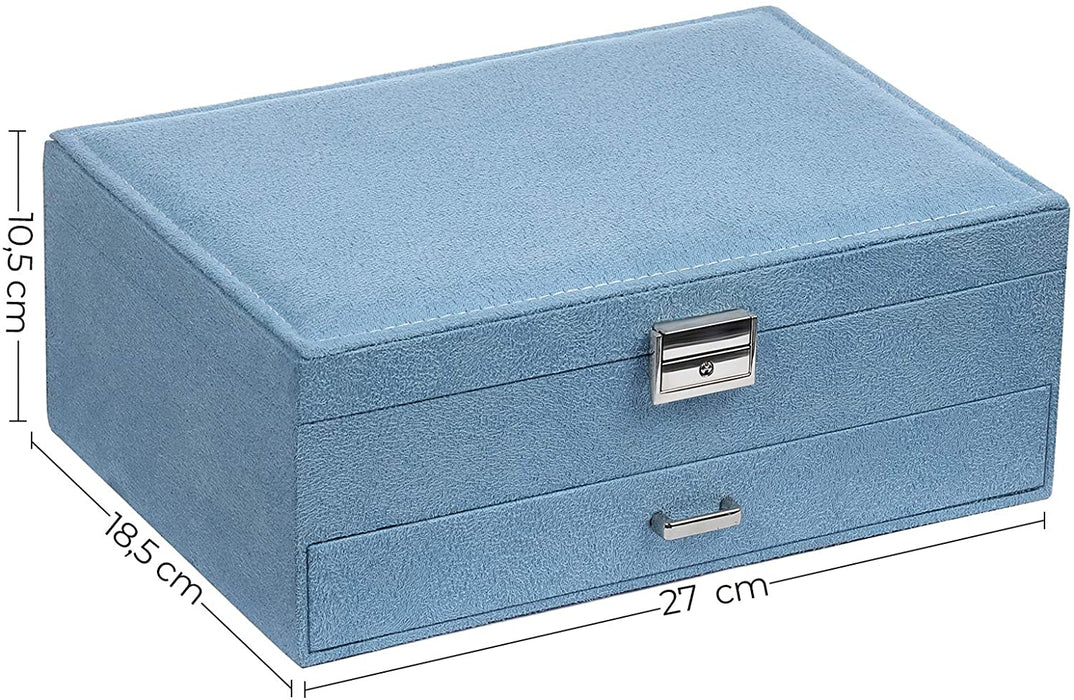 Nancy's Dack Sieradenopslag - Juwelendoos - Sieraden Organizer - 2 Niveaus - 1 Lade - Open Vakken - Blauw - Fluweel - 27 x 18,5 x 10,5 cm