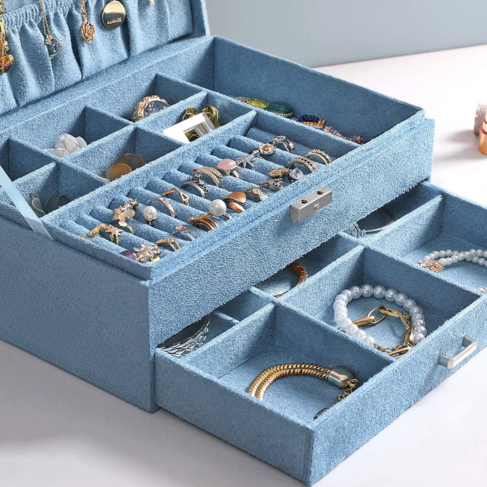 Nancy's Dack Sieradenopslag - Juwelendoos - Sieraden Organizer - 2 Niveaus - 1 Lade - Open Vakken - Blauw - Fluweel - 27 x 18,5 x 10,5 cm