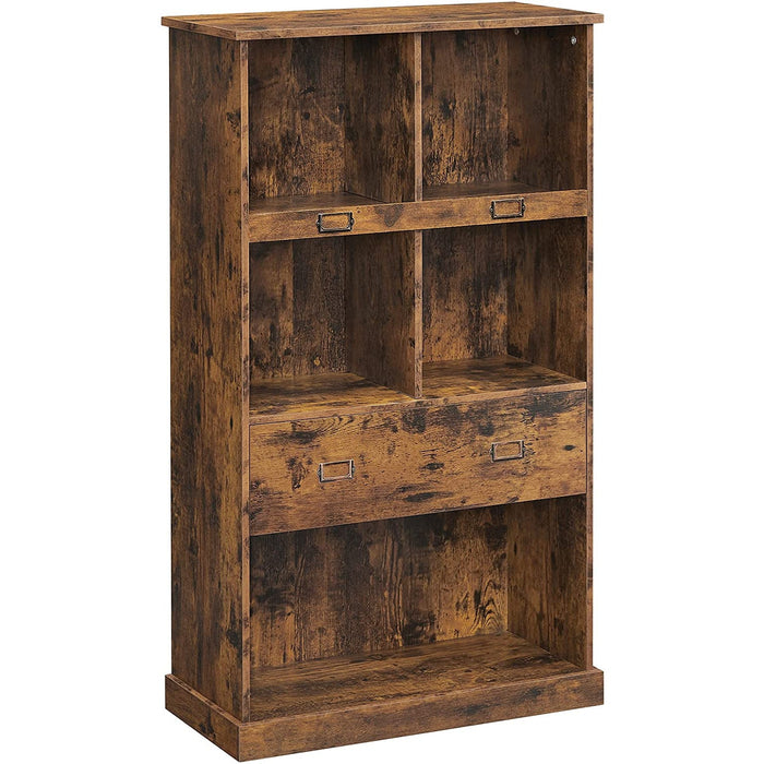 Nancy's Gamey Opbergkast - Boekenkast - 4 Niveaus - Vakkenkast - Etikethouders - 1 Lade - Bruin - Bewerkt Hout - 67,5 x 30 x 120 cm