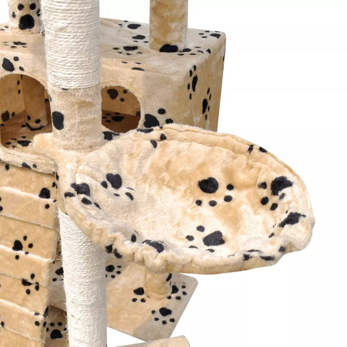 Kattenkrabpaal Medinamie 220/240 cm 3 huisjes (beige) met pootafdrukken