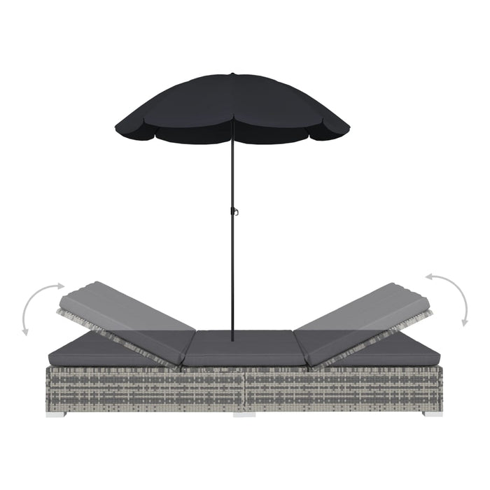 Medina Loungebed met parasol poly rattan grijs