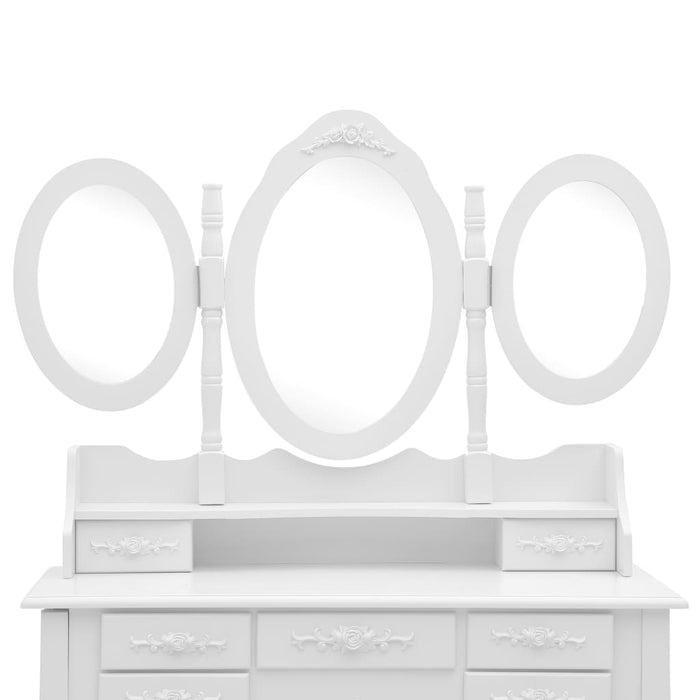Medina Kaptafel met kruk en drievoudige spiegel wit