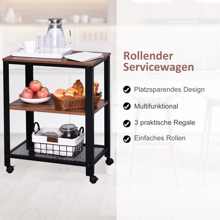 Medina Home Ten Sleep Keukentrolley - Keukenwagen - Serveerwagen - Keukenkast - 60 x 40 x 76,5 cm - 4 Wieltjes - Bewerkt Hout - Zwart - Bruin