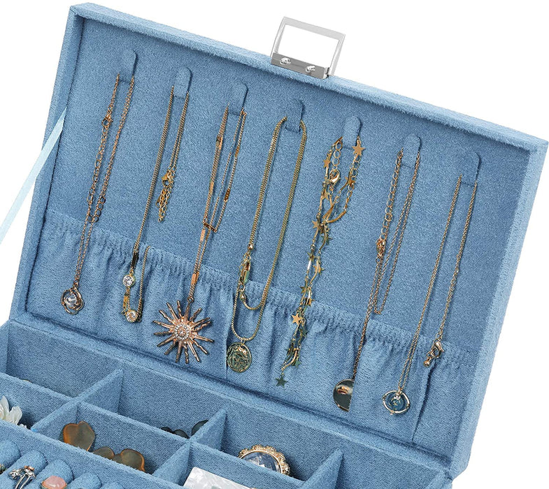 Nancy's Dack Sieradenopslag - Juwelendoos - Sieraden Organizer - 2 Niveaus - 1 Lade - Open Vakken - Blauw - Fluweel - 27 x 18,5 x 10,5 cm