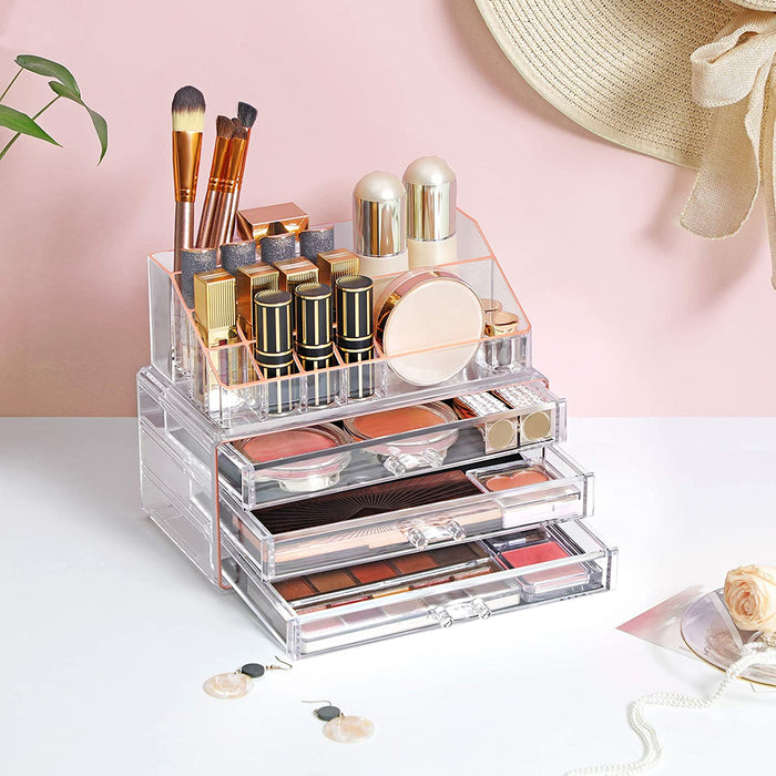 Nancy's Colpton Make-Up Organizer - Make-Up Opslag - 3 Lades - 15 Vakken - Transparant - Roségoud - 24 x 18,5 x 13,5 cm