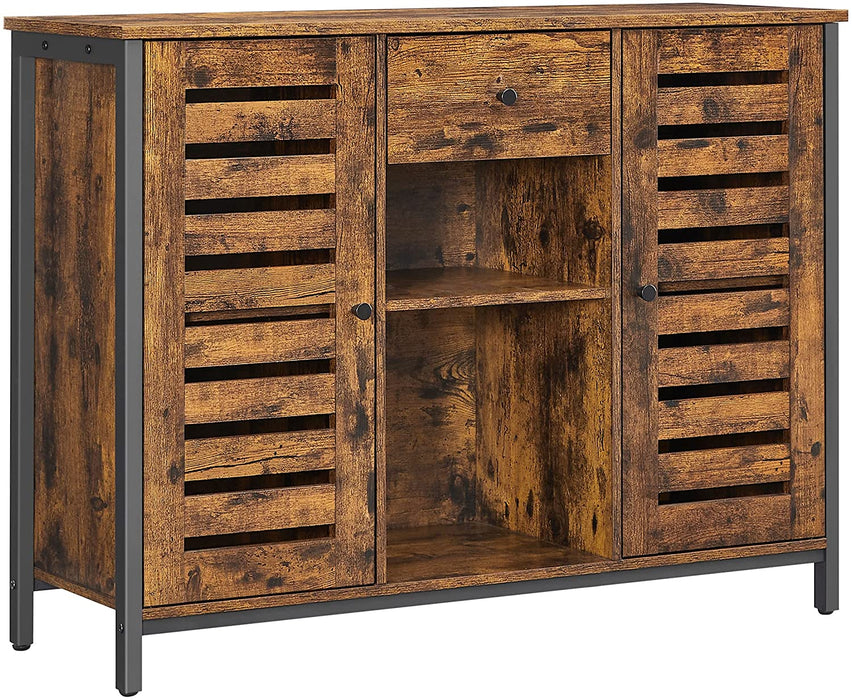 Nancy's Graniteville Dressoir - Keukenkast - Lade - Openslaande Deuren - Industrieel - Bewerkt Hout - Metaal - Bruin - Zwart - 100 x 35 x 75 cm