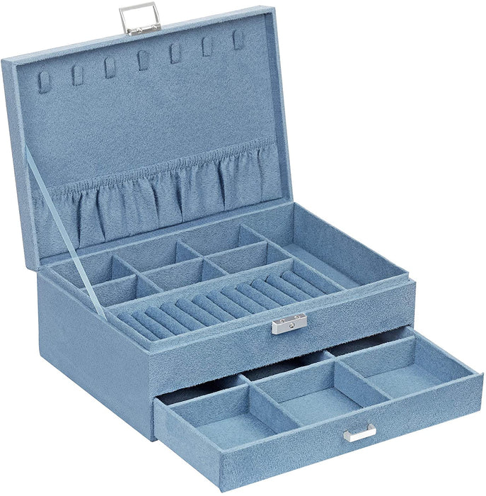 Nancy's Dack Sieradenopslag - Juwelendoos - Sieraden Organizer - 2 Niveaus - 1 Lade - Open Vakken - Blauw - Fluweel - 27 x 18,5 x 10,5 cm