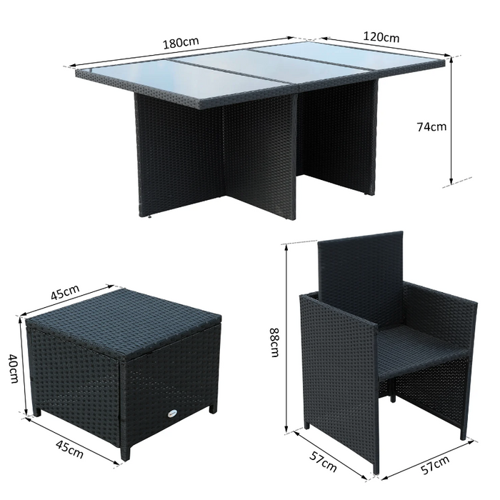 Medina Monrovia Tuinset - 6 Tuinstoelen 1 Tuintafel - 4 Krukjes - 27-Delig - Zwart - Kussens - Gehard Glas - Aluminium - Waterafstotend - Wit - Crème