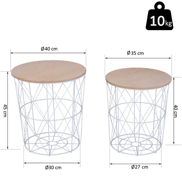 Medina Westlake Salontafels - Set Van 2 - Bijzettafels - MDF - Metaal - Opbergruimte - Wit - Bruin - Natuur - 40 x 40 x 45 cm