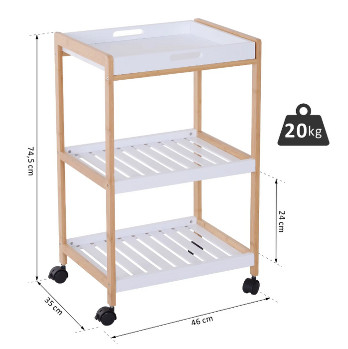 Medina Los Altos Keukenwagen - Serveerwagen - Keukentrolley - Afneembare Bovenplaat - Wit - Natuur - MDF - 46 x 35 x 74.5 cm