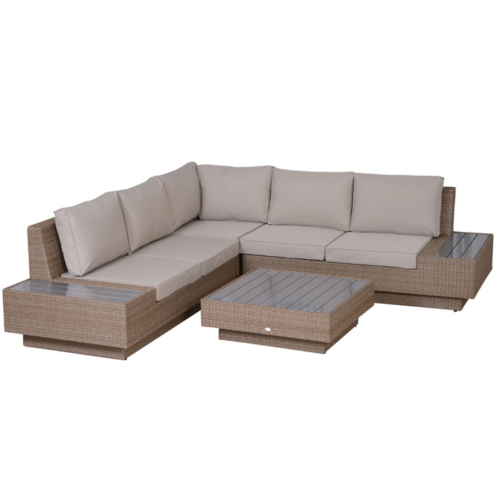 Medina Bixby Loungeset - Tuinset - 4-Delig - 5 Personen - Zitgroep - Bijzettafel - Zitkussens - Beige - Polyrotan - Staal