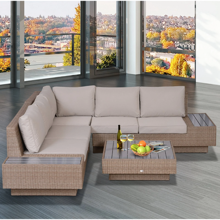 Medina Bixby Loungeset - Tuinset - 4-Delig - 5 Personen - Zitgroep - Bijzettafel - Zitkussens - Beige - Polyrotan - Staal