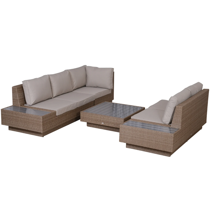 Medina Bixby Loungeset - Tuinset - 4-Delig - 5 Personen - Zitgroep - Bijzettafel - Zitkussens - Beige - Polyrotan - Staal