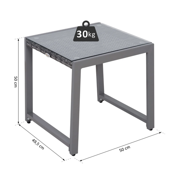 Medina Mehlville Tuintafel - Balkontafel - Bijzettafel - Vierkant- Polyrotan - Aluminium - Gehard Glas - Grijs - 50 x 49,5 x 50 cm