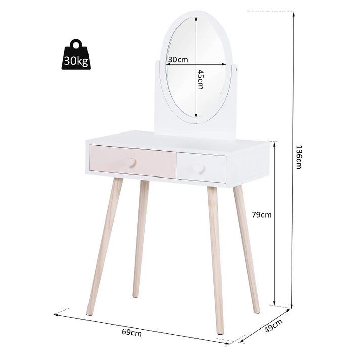 Nancy's Pelham Kinderkaptafel - Voor Kinderen - Kaptafel - Bureau - Spiegel - 2 Lades - Massief Hout - Roze - Wit - 69 x 49 x 136 cm