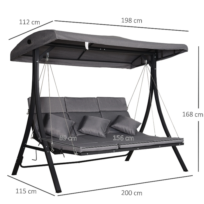 Nancy's Lincolnia Schommelbank - 3-Zits - Tuinschommel - Bank - Overdekt - Dak - Staal - Zwart/Grijs - 200 x 115 x 168 cm