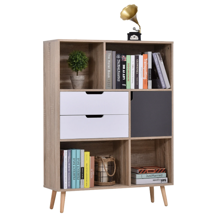 Medina McNair Opbergkast - Dressoir - Keukenkast - 4 Open Vakken - 2 Lades - 1 Deur - Bruin - Wit - Grijs - 90 x 30 x 120 cm