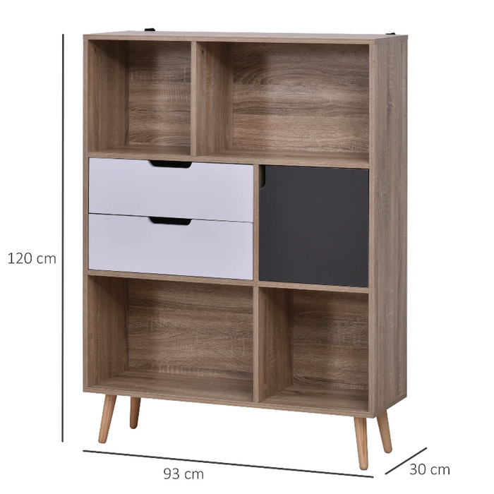 Medina McNair Opbergkast - Dressoir - Keukenkast - 4 Open Vakken - 2 Lades - 1 Deur - Bruin - Wit - Grijs - 90 x 30 x 120 cm