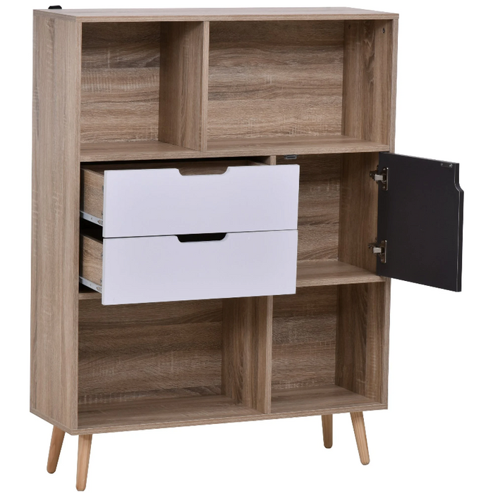 Medina McNair Opbergkast - Dressoir - Keukenkast - 4 Open Vakken - 2 Lades - 1 Deur - Bruin - Wit - Grijs - 90 x 30 x 120 cm