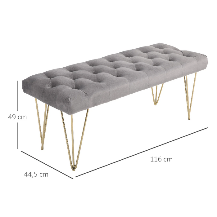 Medina East Ridge Zitbank - Eetkamerbank - Gestoffeerde Bank - Fluweel - Metaal - Grijs - Goud - 116 x 44.5 x 49 cm