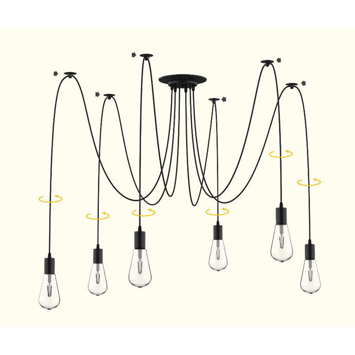Medina Sandpoint Plafondlamp - Kroonluchter - Hanglamp - 6 Fittings - Verstelbare Armen - Spinvorm - Zwart - 340 x 340 x 160 cm