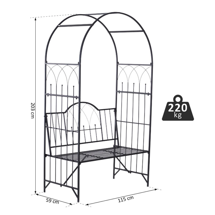 Medina Markham Rozenbank - Rozenboog - Tuinbank - Prieelbank - Metaal - Zwart - 115 x 59 x 203 cm