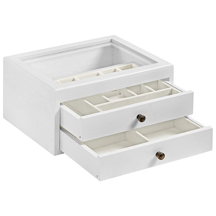 Nancy's Butchers Sieradendoos - Sieradenorganizer - 2 Niveaus - Glazen Deksel - Sieradenopslag - Wit - 25 x 21 x 13 cm