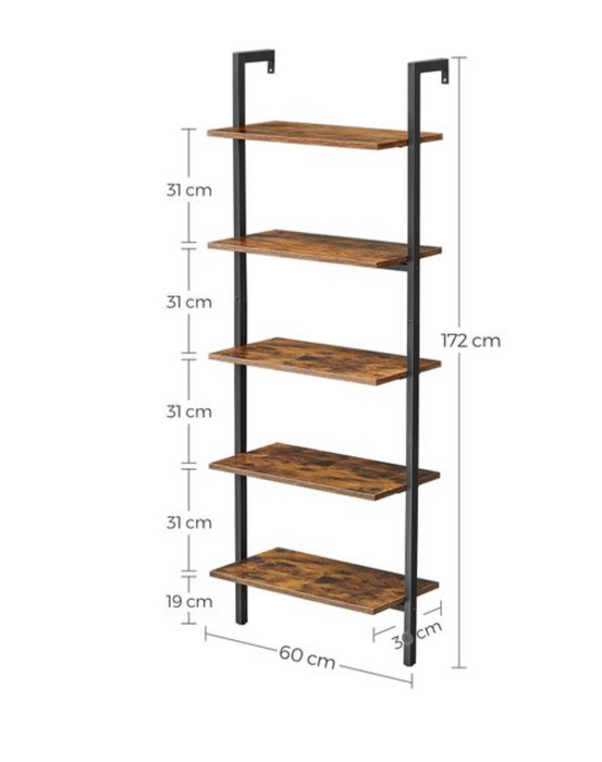 Nancy's Harley Boekenkast - Ladderkast - 5 Planken - Industrieel - Bewerkt Hout - Metaal - Bruin - Zwart - 60 x 30 x 172 cm